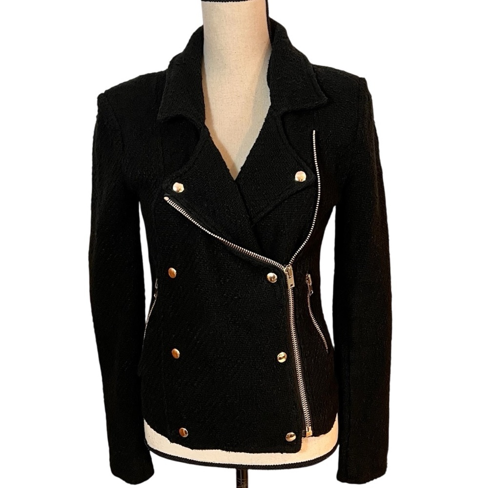 IRO Avery Black Bouclé Knit Moto Cropped Jacket Sz-EU-36/US-4